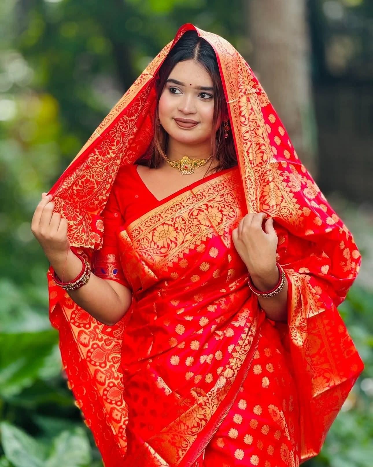 জামদানি স্টাইল সিল্ক  লাল শাড়ি